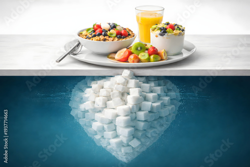 Hidden Sugar Concept – Healthy Breakfast with Excess Sugar Iceberg