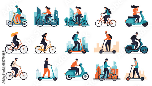 Large collection of urban commuters using bicycles, electric scooters, and motor scooters against a city skyline background.