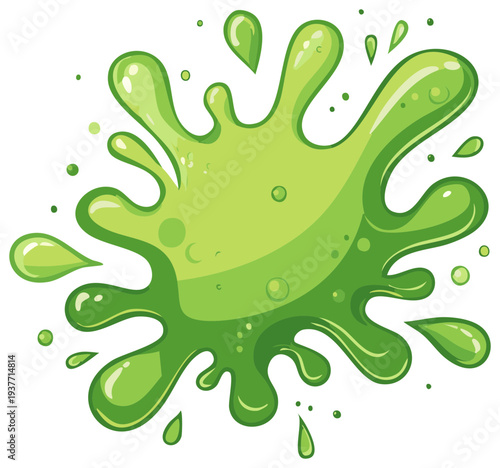Gooey green slime splash with drips and bubbles. Cartoon vector illustration of a toxic liquid splat.