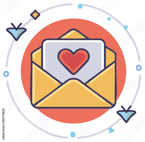 Vector icon of an open envelope with a love letter and a red heart for Valentines Day or romance