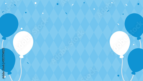 Cheerful Oktoberfest celebration background illustration with balloons, confetti and Bavarian flag background.