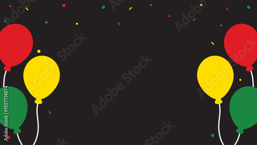 Cheerful Juneteenth and Black History Month celebration background with the black history month flag-colored balloons, and confetti. Flat design illustration.