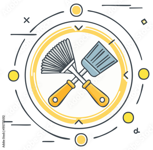 Crossed paint brush and scraper within a decorative circle icon