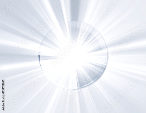 Radiant bursts from center circle, with white light and soft blue hues create an energetic and luminous impression