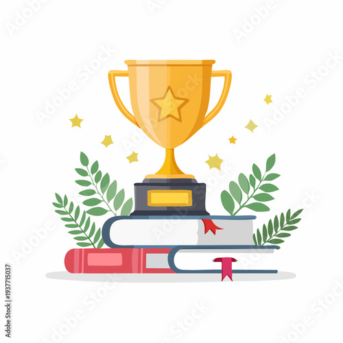 Gold trophy on stack of books, symbolizing achievement, education, and success