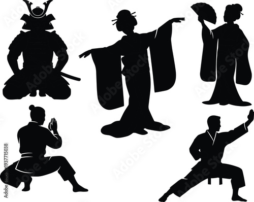 Japanese culture silhouettes samurai geisha kimono dance martial arts traditional Japan vector illustration set isolated on white background