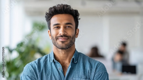 handsome man with a warm smile looking directly at the camera in a bright office setting