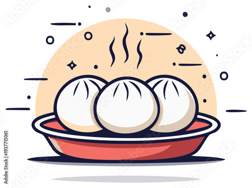 Hot steamed Asian dumplings or baozi buns on a plate cartoon vector illustration