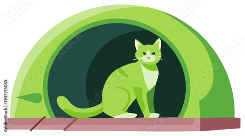 Green cat sitting inside colorful arch, stylized illustration