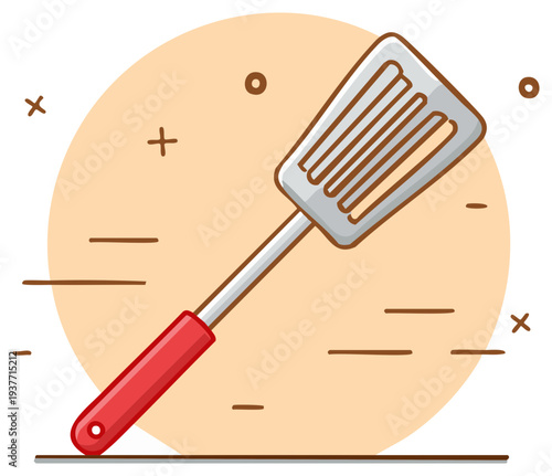 Cartoon illustration of a kitchen spatula with a red handle on a simple background