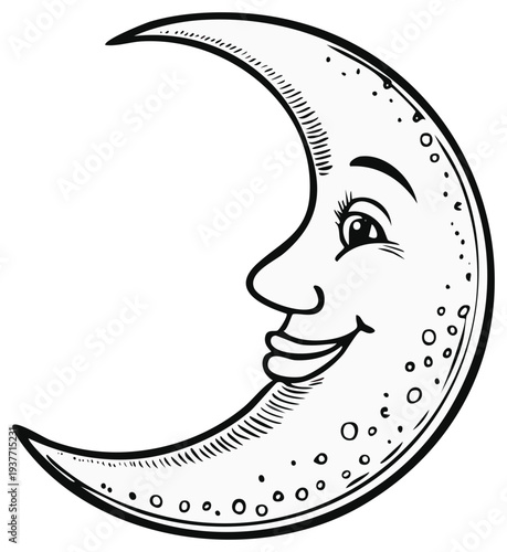 Smiling Crescent Moon Engraving Style Illustration Hand Drawn Celestial Smiling Face