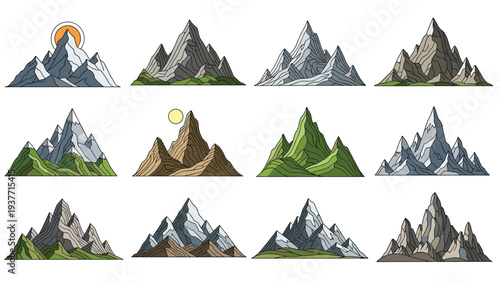 Diverse collection of mountain peak illustrations in various styles and colors including snow-capped, rocky, and forested versions for landscape design.