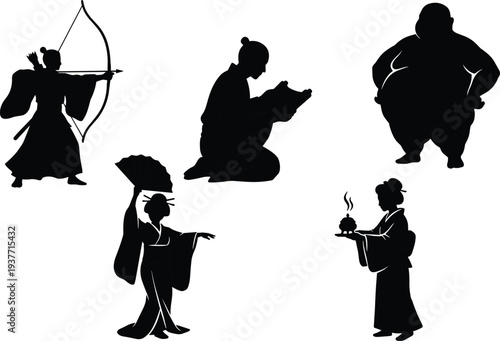 Japanese culture silhouettes set samurai archer geisha dancer tea ceremony sumo wrestler traditional Japan vector illustration isolated white background