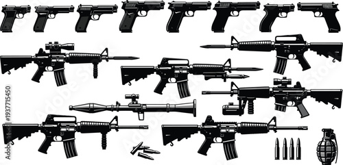 Collection of firearm silhouettes including pistols assault rifles rocket launcher grenade and ammunition, military weapon set isolated black vector style tactical equipment illustration