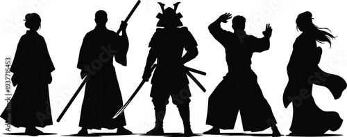 Japanese culture silhouettes samurai warrior geisha kimono martial arts traditional Japan characters vector illustration set isolated white background