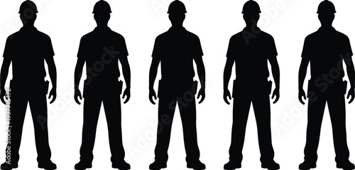 Construction worker standing silhouettes front view with helmet and tools, industrial builder workforce illustration collection set