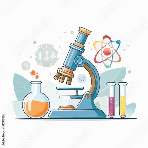 Vibrant scientific exploration setup featuring a microscope, flasks, and test tubes for discovery and learning