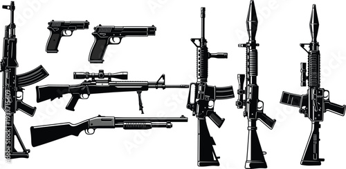 Collection of modern firearms and military weapons silhouettes including pistols, assault rifles, shotgun and rocket launcher isolated on white background vector illustration set