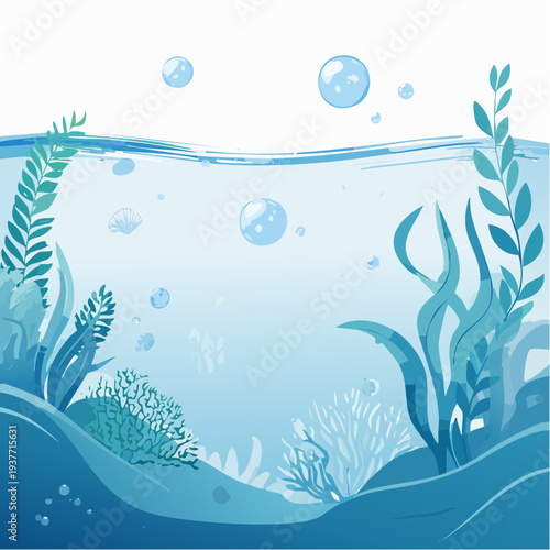 Underwater Scene with Bubbles and Aquatic Plants in Blue Tones
