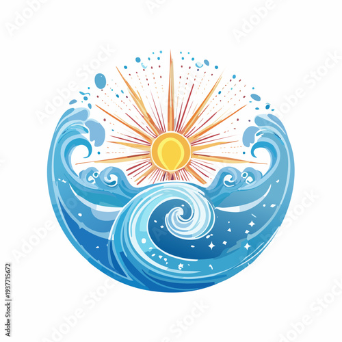 Stylized sun rising over wavy ocean waters with bright rays and sparkles