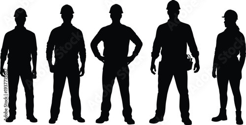 Construction worker team silhouettes standing with helmets and tools, builders industrial labor workforce illustration collection set