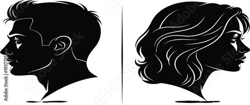 Male and female face profile silhouette illustration, opposite side human head vector, gender concept, beauty and barber logo style isolated on white background