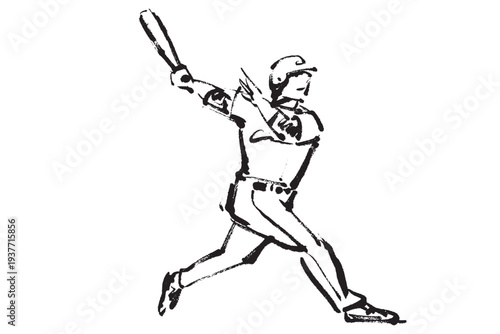 野球でホームランを打ったバッターの筆で描いた白黒イラスト