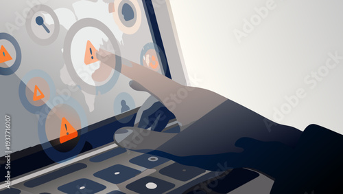 Flat illustration of a hand interacting with a laptop screen displaying warning signs and icons on a grey background