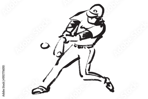 野球でホームランを打ったバッターの筆で描いた黒1色のイラスト