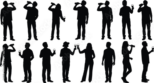 People drinking beverages silhouettes collection, men and women holding wine glasses and bottles, social drinking, party lifestyle and celebration concept vector illustration
