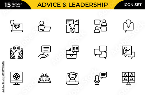 Advice and Leadership Modern Line Icon Set for Expert Consultation, Coaching, Training and Professional Guidance Outline Vector Collection