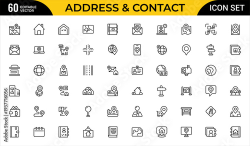 Address and Contact Communication Line Icon Set for Phone, Chat, Information and Customer Support Outline Vector Collection