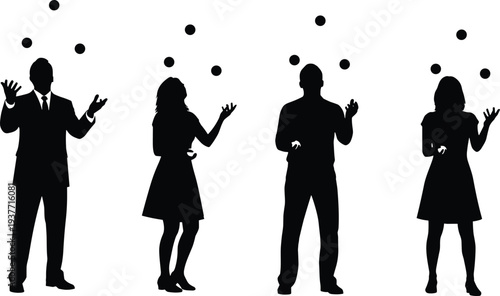 WebPeople juggling balls silhouette set, men and women performing circus juggling activity, entertainment performance concept vector illustration isolated on white background