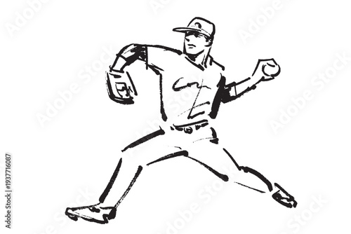 力強いボールを投げるピッチャーの筆で描いた黒1色のイラスト