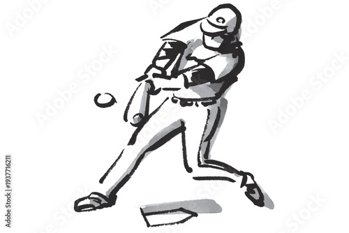 野球のバッターを筆で描いたグレースケールのイラスト