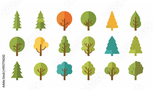 Simple cartoon tree collection with colorful flat forest trees vector set isolated on white