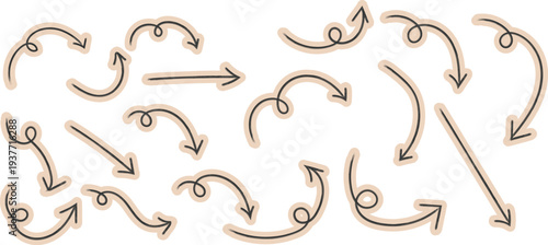 An assortment of hand drawn looping and directional arrows in dark gray are scattered on a pale beige background high quality professional detailed