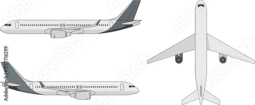 Commercial passenger airplane vector blueprint showing side front and top views modern jet aircraft design template for aviation engineering airline transportation and travel industry