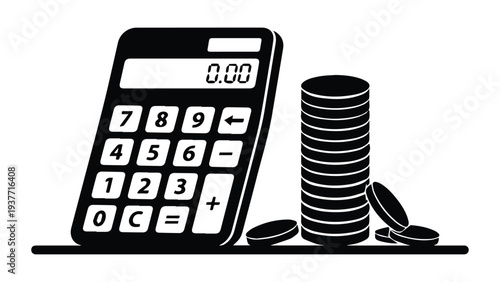 Calculator and stack of coins Icon Silhouette vector black design on a white background