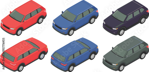 Isometric SUV car set in multiple colors showing different angles modern crossover vehicle vector illustration for transportation automotive design and urban mobility concepts