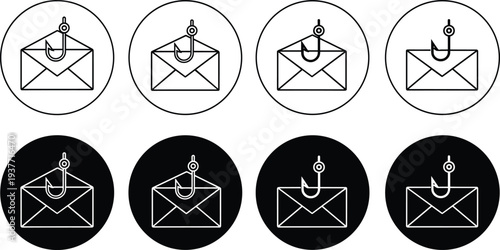 Phishing email security icon set with fishing hook and envelope symbols for cyber crime and data protection concept.