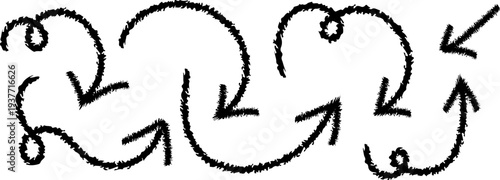 A series of roughly drawn black looping arrows and circular shapes dominate a stark white background appearing hand sketched high quality professional detailed
