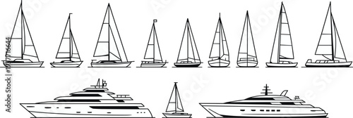 Sailboat and luxury yacht outline icon set featuring various sailing boats and marine vessels for nautical transport, ocean travel, maritime recreation and boating industry design