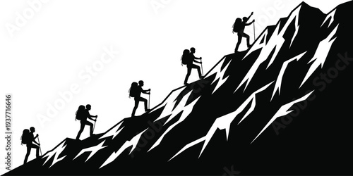 Group of hikers climbing up steep mountain peak silhouette vector illustration for teamwork leadership and achieving success concept.