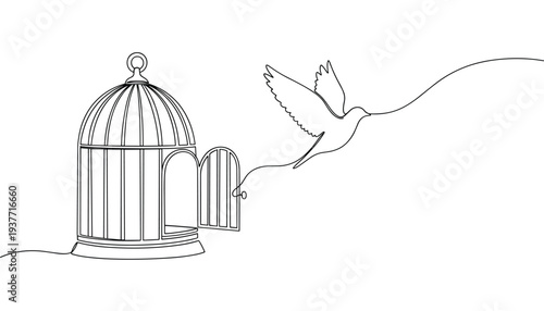 bird cage icon line art vector. Bird flying from cage line art freedom concept illustration