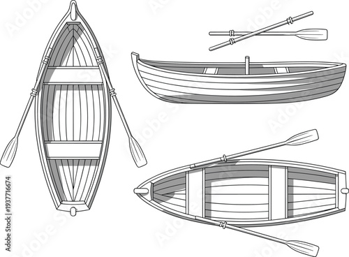 Wooden rowing boat with oars illustrated in multiple views including top side and perspective showing classic small rowboat design for lake river transport fishing and recreation