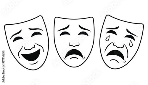 Theatrical masks icon set for comedy and tragedy performances