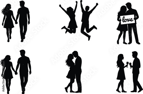 Romantic couple silhouettes set with love relationship dating walking hugging jumping celebration romance vector illustration collection