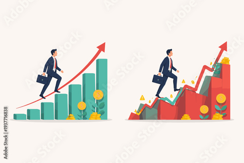 Businessman walking up growth bar charts representing career path and investment success, comparing stable linear progress versus volatile market fluctuations with risk and reward concept