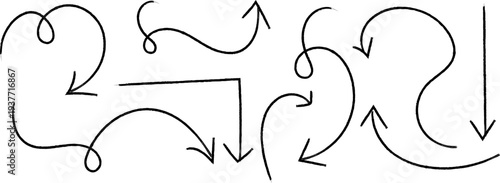 A simplistic black and white illustration showcases several hand drawn arrows and curved lines creating a dynamic and abstract pattern high quality professional